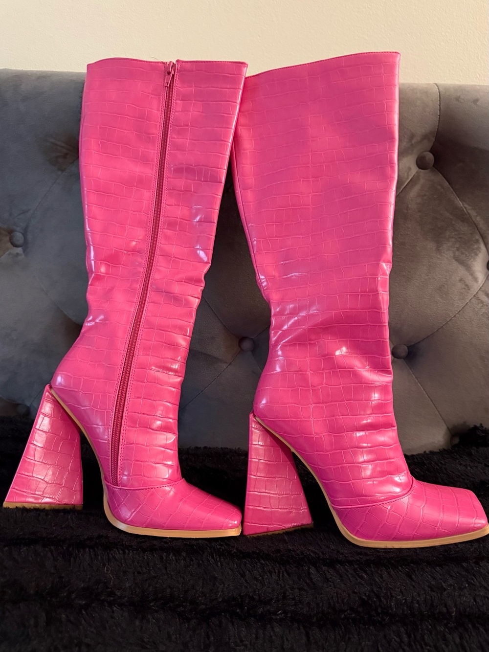 Women's Hot Pink Croc-Embossed Knee Boots